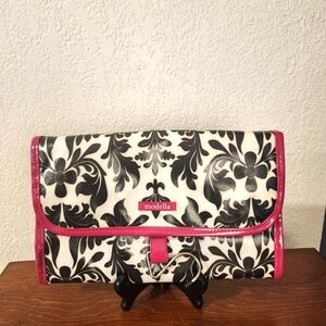 Modella Black and White folding Floral Cosmetic Case with Pink Trim